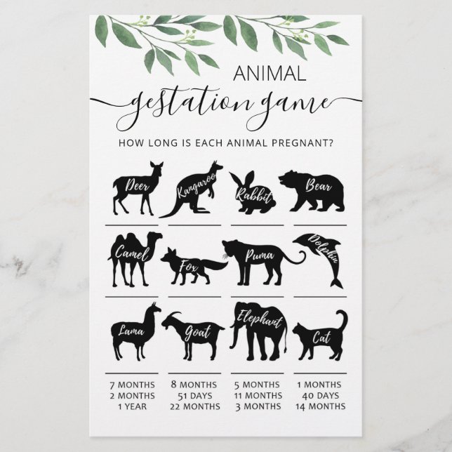 Animal Gestation with Answers Baby Shower Game (Front)