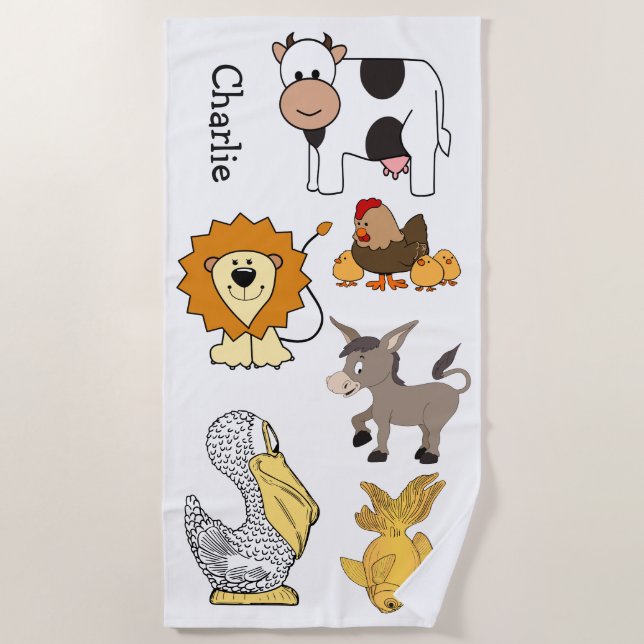 Animal Illustrations Custom Name kids' beach towel (Front)