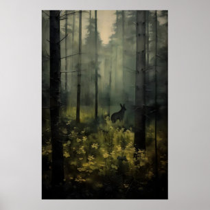 Animal in Forest Vintage Landscape Painting Poster