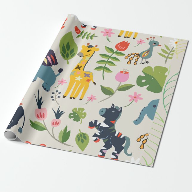 Animal Jungle Pastel Leaf Pattern Wrapping Paper (Unrolled)