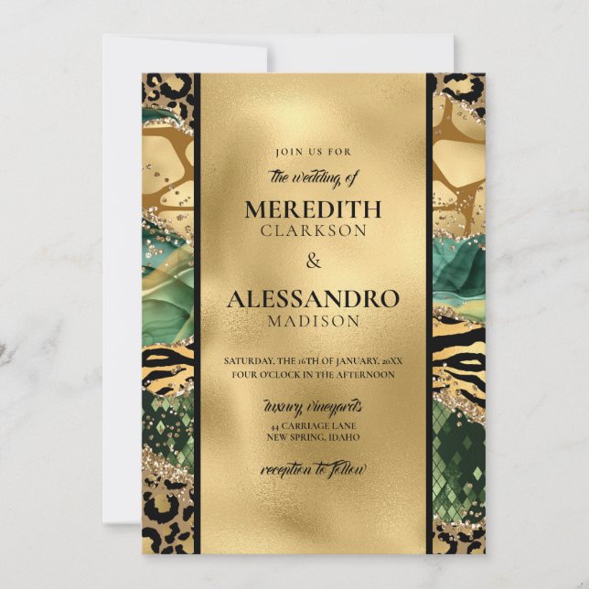 Animal Jungle Print Gold Glitter Agate Wedding Invitation (Front)