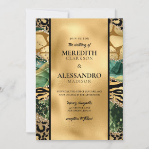 Animal Jungle Print Gold Glitter Agate Wedding Invitation