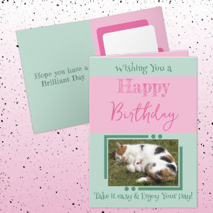 Animal lover add photo pink green birthday card