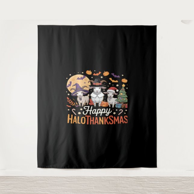 Animal Lovers Owners Happy Hallothanksmas Essentia Tapestry (Front)