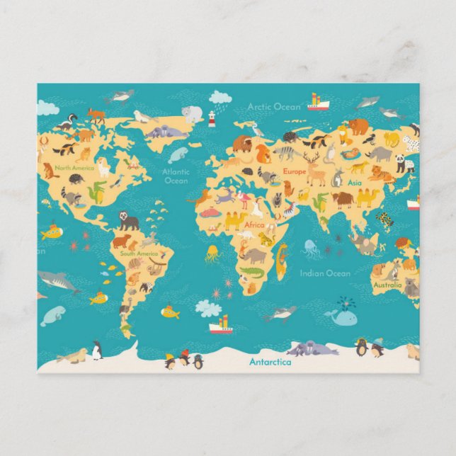 Animal Map of the World For Kids Postcard (Front)