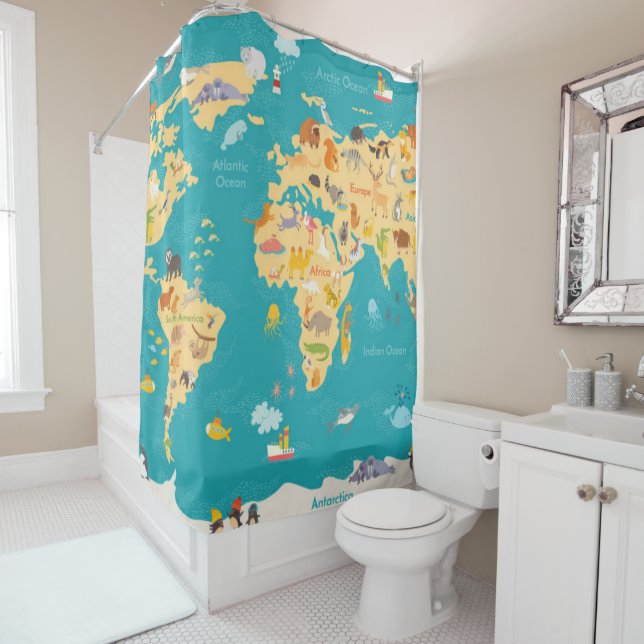 Animal Map of the World For Kids Shower Curtain (In Situ)