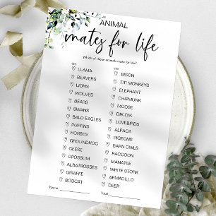 Animal Mates for Life Bridal Shower Game Invitation