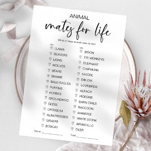 Animal Mates for Life Bridal Shower Game  Invitation