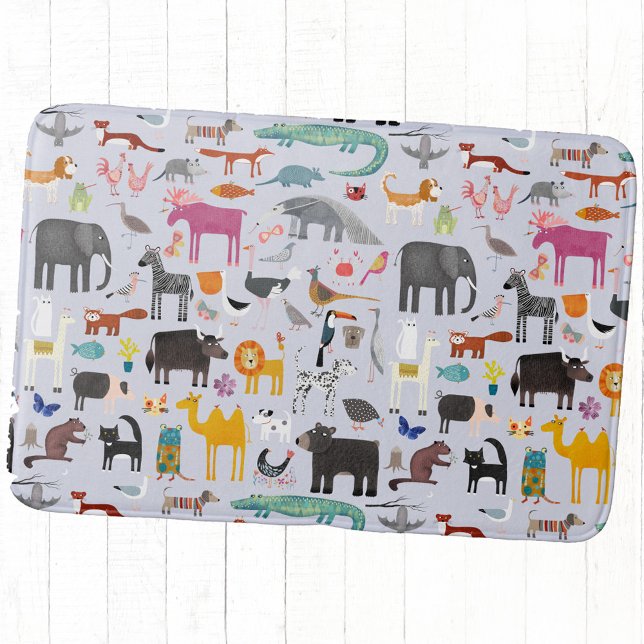 Animal Menagerie Bath Mat (Fun animal menagerie with wild, safari, zoo and pet animals and birds pattern bath mat)
