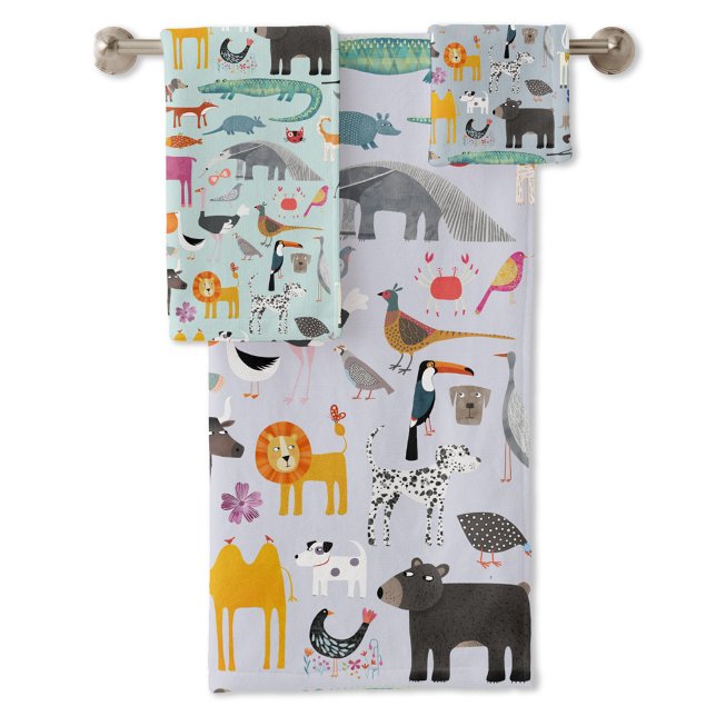 Animal Menagerie Bath Towel Set (Fun animal menagerie with wild, safari, zoo and pet animals and birds pattern towel set)