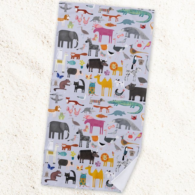 Animal Menagerie Beach Towel (Fun animal menagerie with wild, safari, zoo and pet animals and birds pattern beach towel)