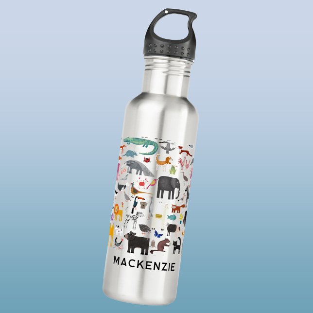 Animal Menagerie Personalised 710 Ml Water Bottle (Fun animal menagerie with wild, safari, zoo, pet animals and birds pattern personalized water bottle)