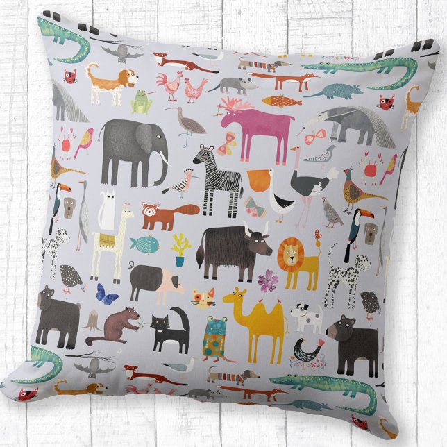 Animal Menagerie Reversible Cushion (Fun animal menagerie with wild, safari, zoo and pet animals and birds pattern reversible pillow)