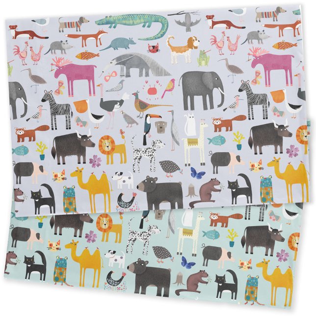 Animal Menagerie Reversible Pillowcase (Fun animal menagerie with wild, safari, zoo and pet animals and birds pattern reversible pillowcase)