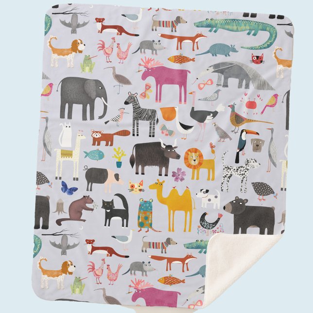 Animal Menagerie Sherpa Blanket (Fun animal menagerie with wild, safari, zoo, pet animals and birds pattern sherpa blanket)