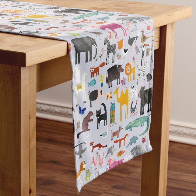 Animal Menagerie Short Table Runner (Fun animal menagerie with wild, safari, zoo and pet animals and birds pattern table runner)