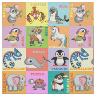 Animal Names with Cartoon Animal Pictures Fabric
