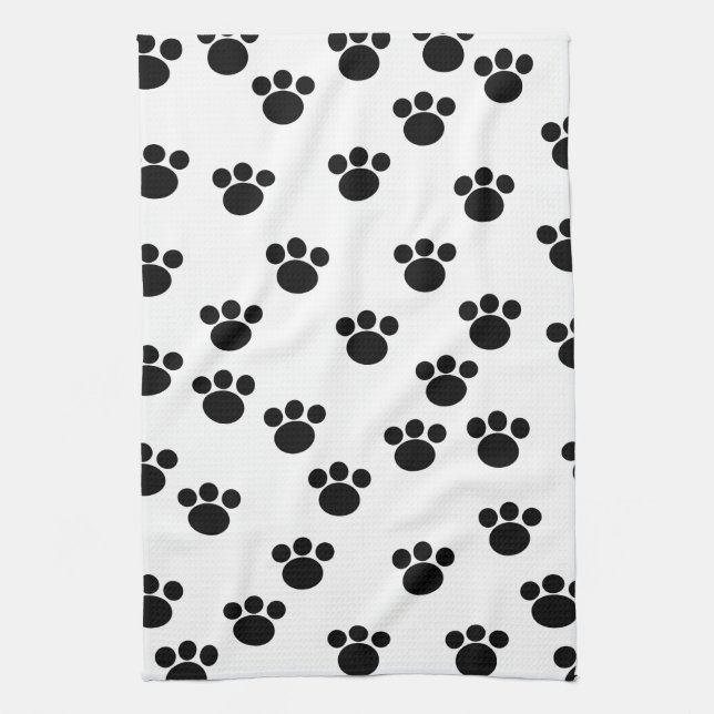Animal Paw Print Pattern. Black and White. Tea Towel (Vertical)