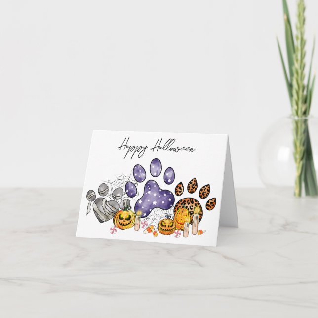 Animal Paw Prints Pumpkin Cat Pet Dog Halloween Holiday Card (Front)