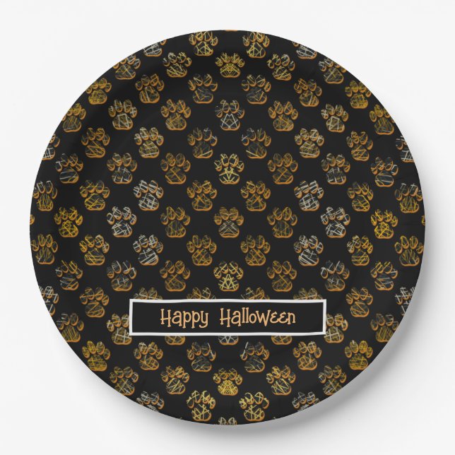 Animal Paw Silhouette Halloween Pawty Black Paper Plate (Front)