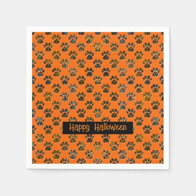 Animal Paw Silhouette Halloween Pawty Orange Napkin (Front)