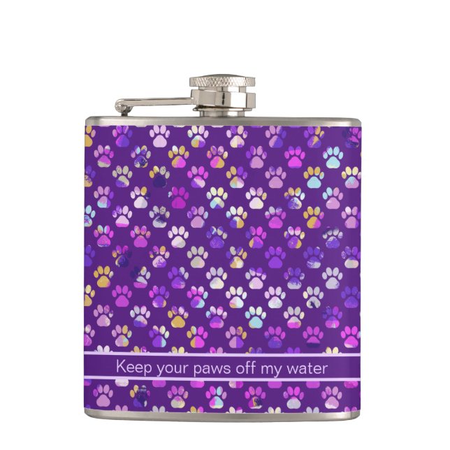 Animal Paw Silhouette Purple on Purple Funny Hip Flask (Front)