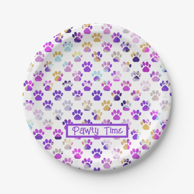 Animal Paw Silhouette Purple Pink Pawty Paper Plate (Front)