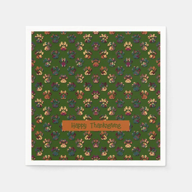 Animal Paw Silhouette Thanksgiving Pawty Dk Green Napkin (Front)