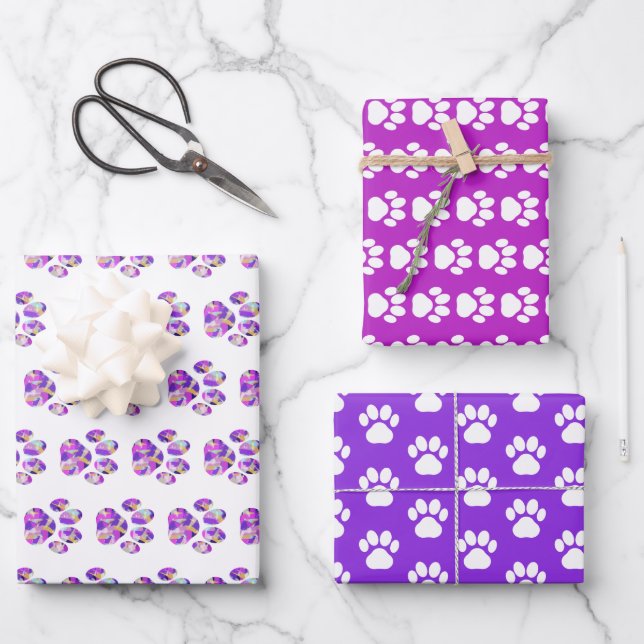 Animal Paws Wrapping Paper Purple Pink Set of 3 (Front)