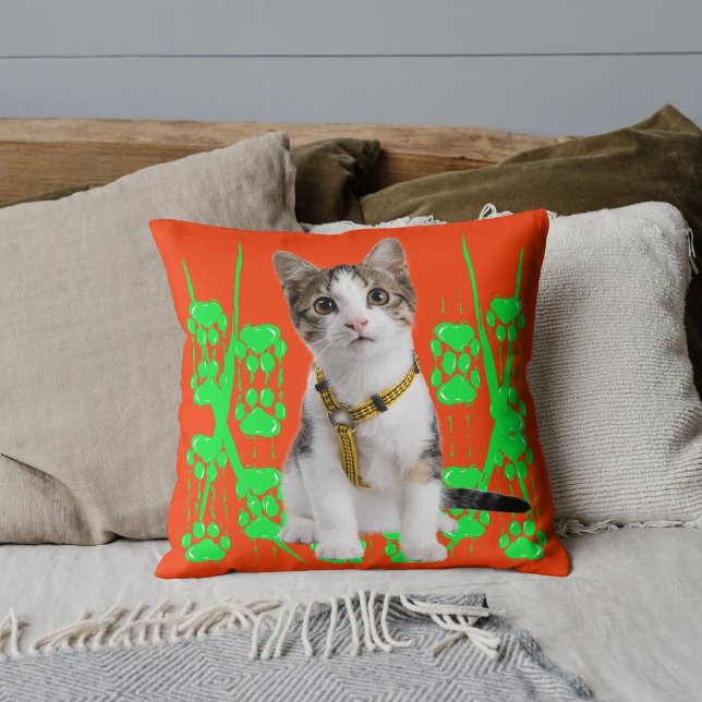 Animal Pet Cat Photo Lime Pattern Orange Custom Cushion (Creator Uploaded)