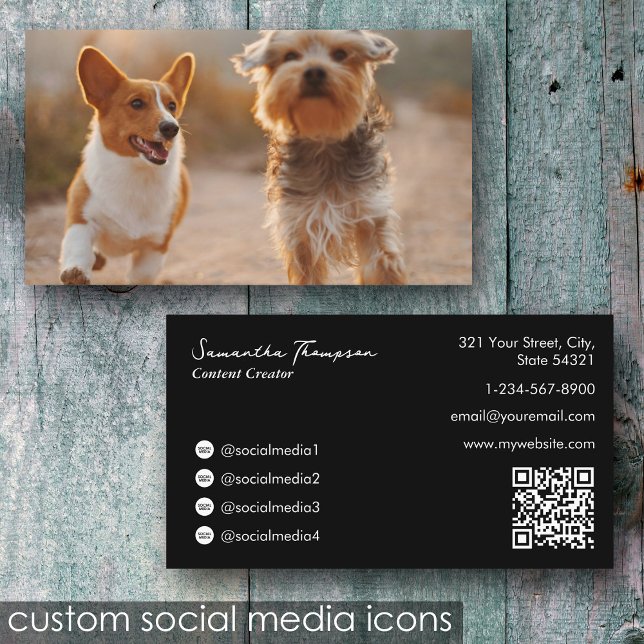 Animal Pet Influencer Full Photo QR Code Black Business Card (Animal Pet Influencer Full Photo QR Code Black Business Card)