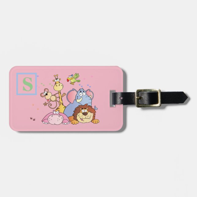 Animal Pink Luggage Tag with Initial (Front Horizontal)