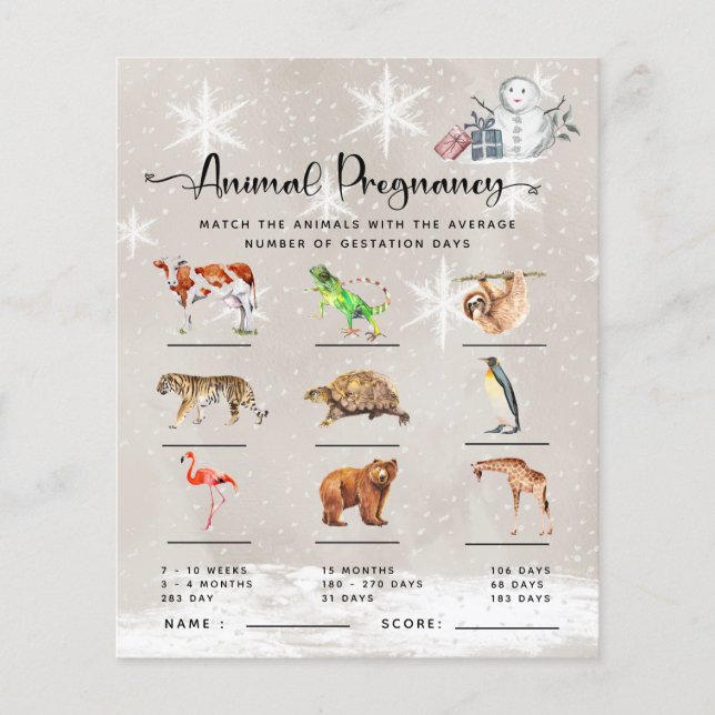 Animal Pregnancy Winter Baby Shower Game (Front)