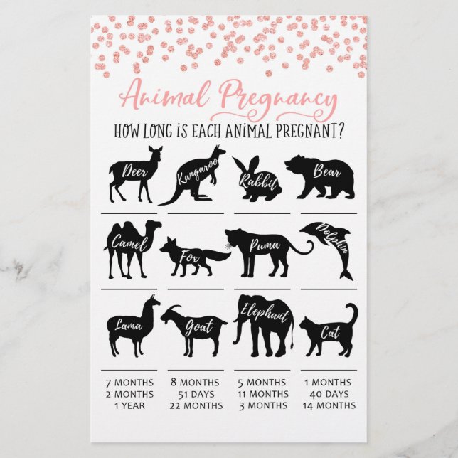Animal Pregnancy with Answers Baby Shower Game (Front)