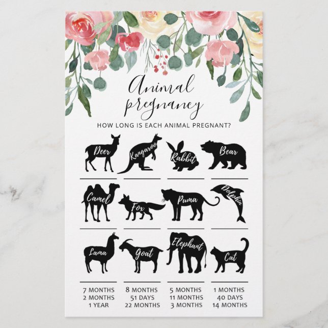 Animal Pregnancy with Answers Baby Shower Game (Front)