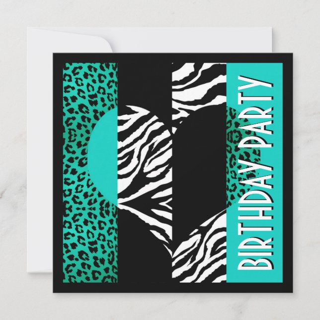 Animal Print Aqua Blue Leopard Black & White Zebra Invitation (Front)