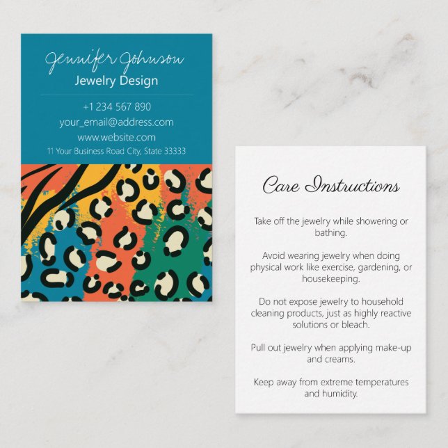 Animal Print Blue Colourful Jewellery Care Cards (Front/Back)