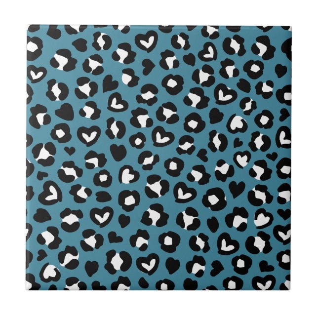 Animal Print, Blue Leopard, Cheetah Spots, Hearts Ceramic Tile (Front)