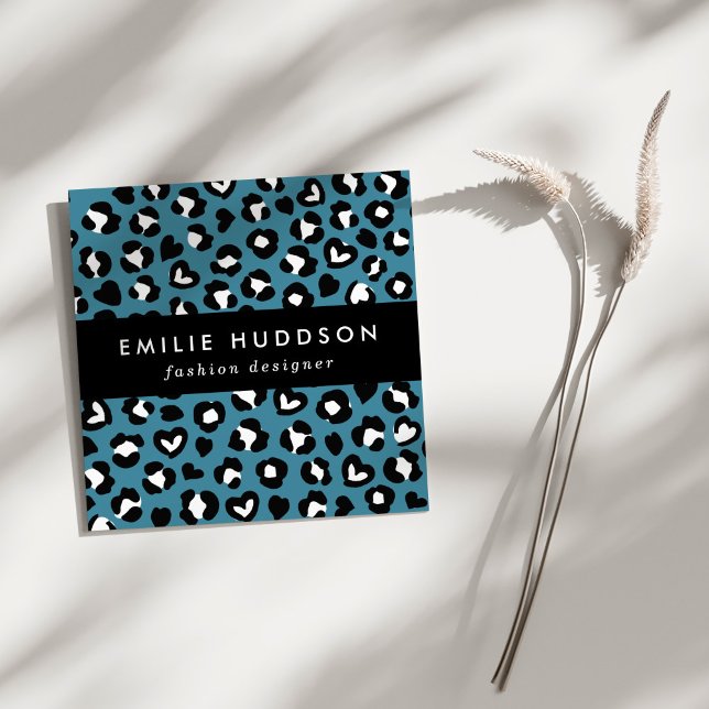 Animal Print, Blue Leopard, Cheetah Spots, Hearts Square Business Card (Creator Uploaded)
