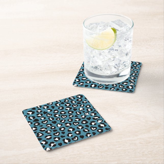 Animal Print, Blue Leopard, Cheetah Spots, Hearts Square Paper Coaster (Insitu)