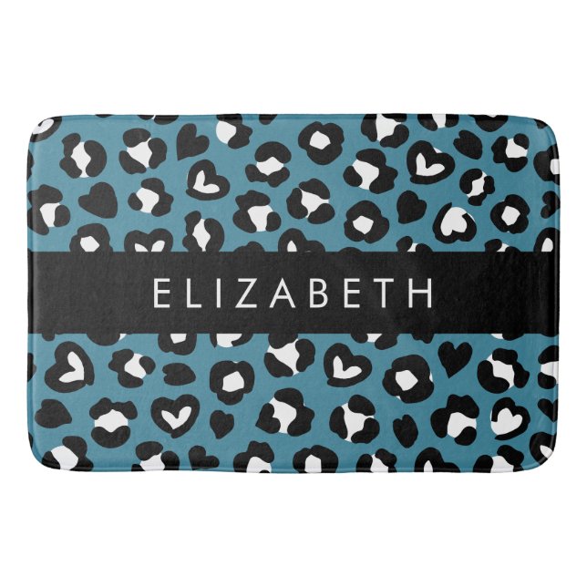 Animal Print, Blue Leopard, Hearts, Your Name Bath Mat (Front)