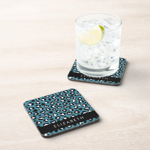 Animal Print, Blue Leopard, Hearts, Your Name Coaster