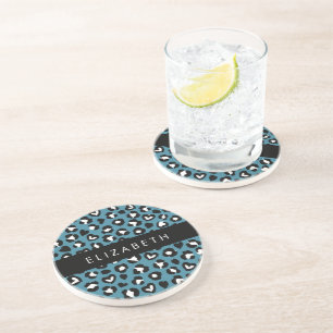 Animal Print, Blue Leopard, Hearts, Your Name Coaster