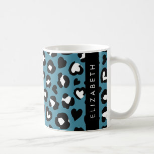 Animal Print, Blue Leopard, Hearts, Your Name Coffee Mug