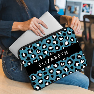 Animal Print, Blue Leopard, Hearts, Your Name Laptop Sleeve