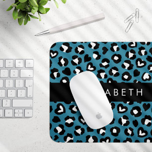 Animal Print, Blue Leopard, Hearts, Your Name Mouse Pad