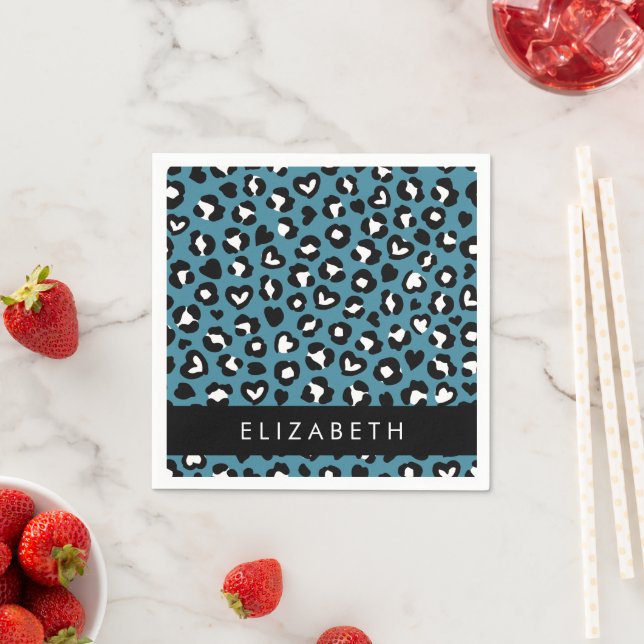 Animal Print, Blue Leopard, Hearts, Your Name Napkin (Insitu)