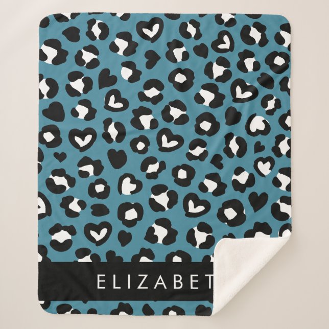 Animal Print, Blue Leopard, Hearts, Your Name Sherpa Blanket (Front)