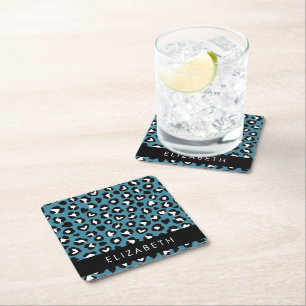 Animal Print, Blue Leopard, Hearts, Your Name Square Paper Coaster