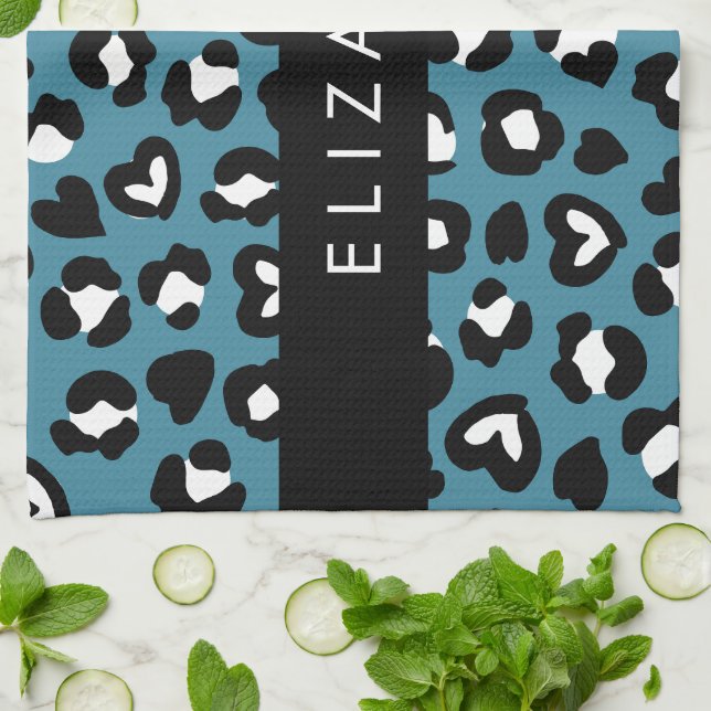 Animal Print, Blue Leopard, Hearts, Your Name Tea Towel (Folded)